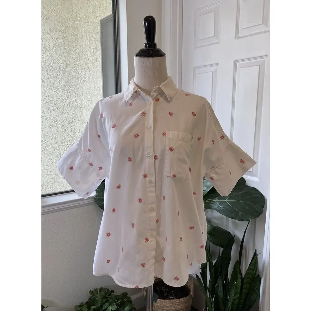 Madewell Women’s Embroidered White Button Up Size S Short Sleeve Blouse‎ Flowers